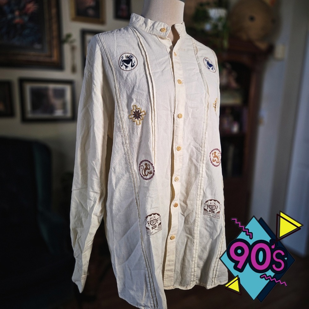 Ayme Cotton Gauze Shirt Vintage 90s Embroidered XL Cream Collar Ecuador Boho